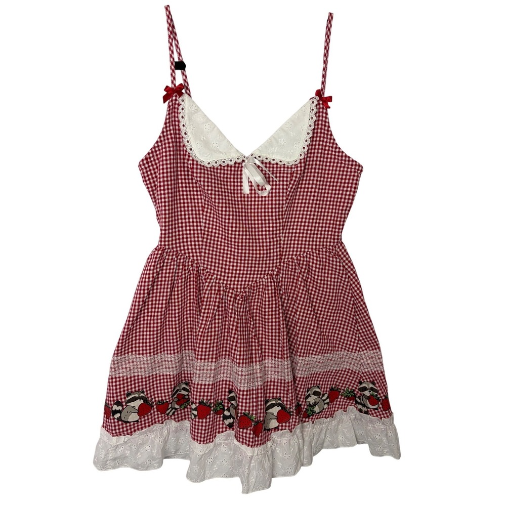 Thorn & Fable Red Gingham Raccoon Strawberry Eyelet Lace Mini Dress Small